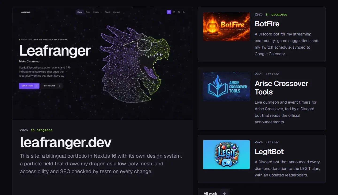 Recent work on the home page in the dark theme: the site's own case study as a large panel, with BotFire, Arise Crossover Tools and LegitBot as rows beside it