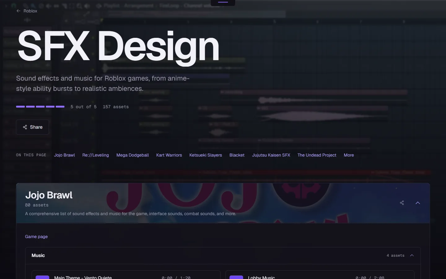 The SFX Design page: the title over a dimmed screenshot of the sound editor, the rating and asset count, a jump list of games, and the Jojo Brawl panel open on its music