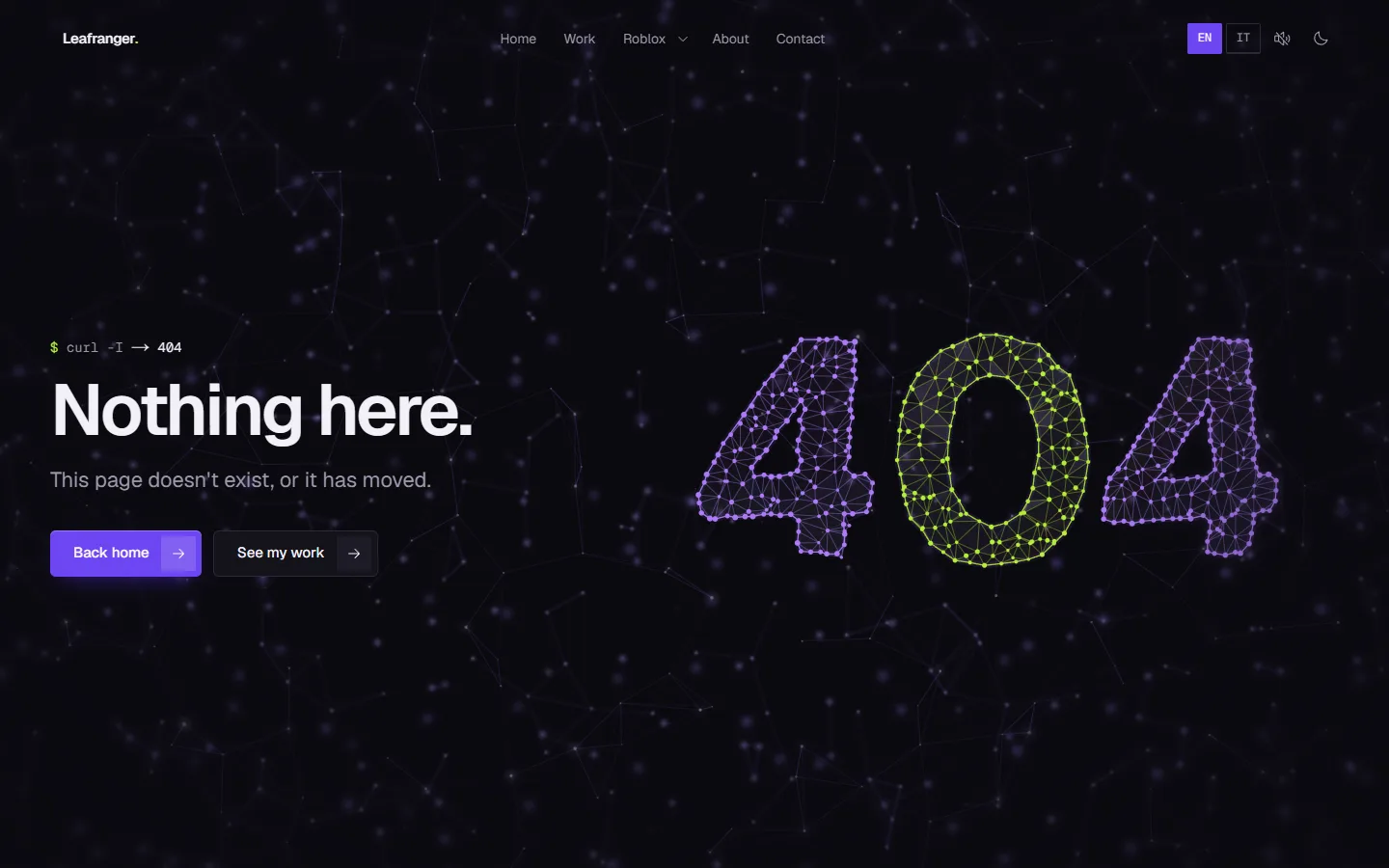 The 404 page: the headline Nothing here beside a 404 drawn by the particle field