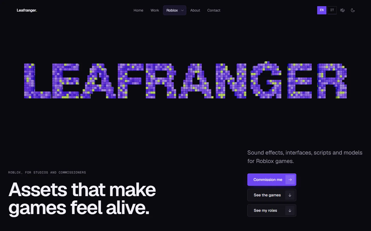 The Roblox page: LEAFRANGER spelled in purple and lime bricks above the headline Assets that make games feel alive, with Commission me, See the games and See my roles stacked on the right