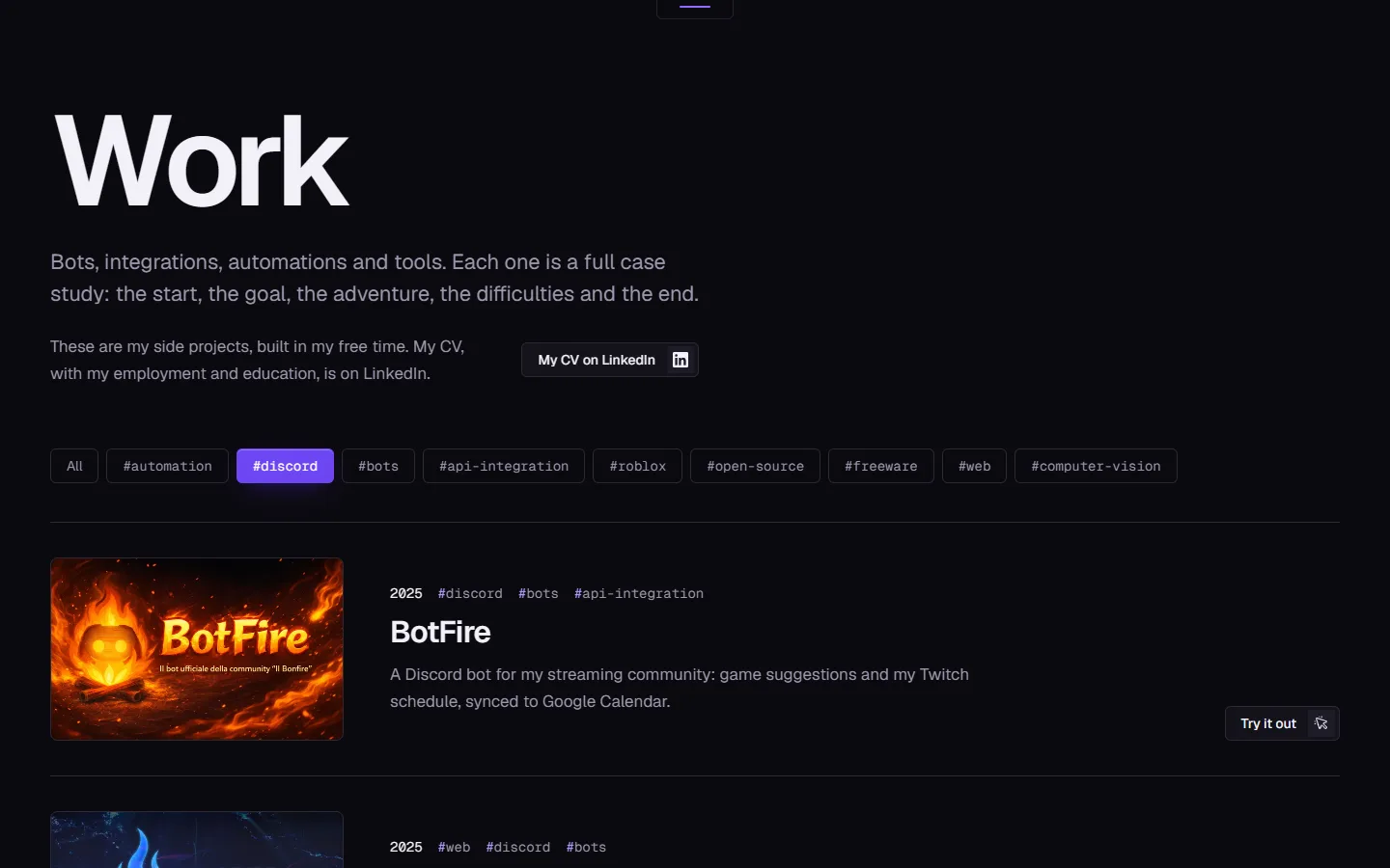 The work index filtered to the discord topic: the topic chips with discord selected, and BotFire as the first row with its cover, topics, summary and a Try it out button
