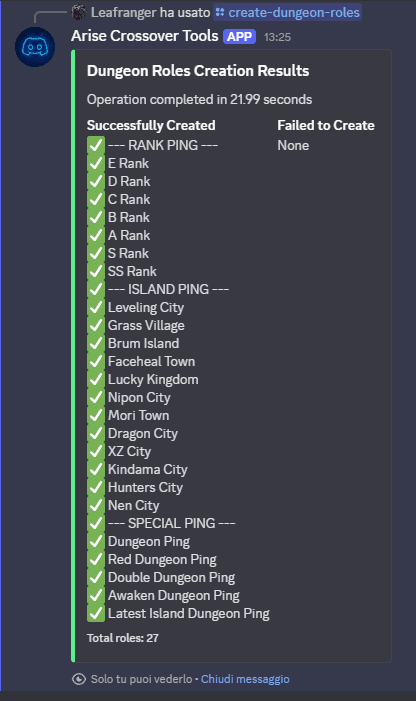 Il riepilogo del bot dopo /create-dungeon-roles, con i ruoli creati