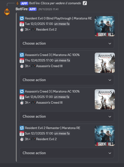 Il calendario del mese su Discord, ogni live con titolo, data, durata, gioco e miniatura