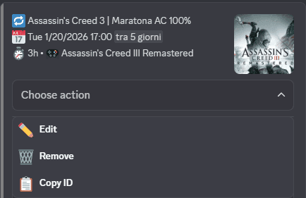 Il menu azioni di una live in programma, con Modifica, Rimuovi e Copia ID