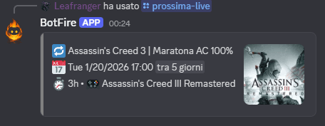 La risposta di BotFire a /prossima-live con titolo, data, categoria e durata della prossima live