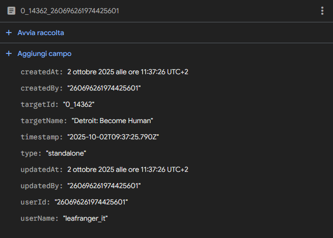 Un documento di voto nella console di Firestore, con tipo, obiettivo, utente e campi di audit