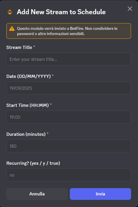 Il form di /schedule-add con titolo, data, ora, durata e ricorrenza